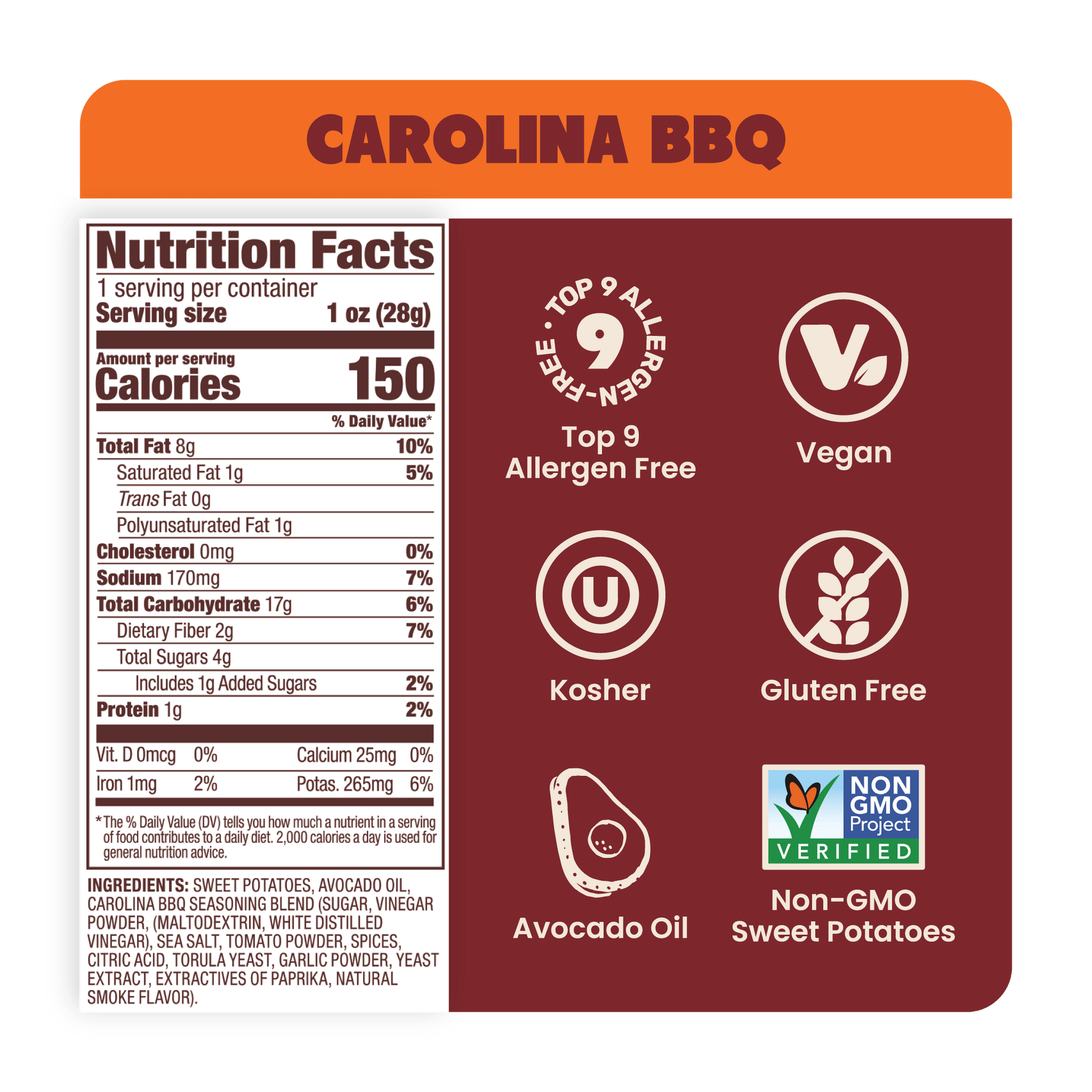 Carolina BBQ Sweet Potato Chips in Avocado Oil 1oz (Pack of 30)